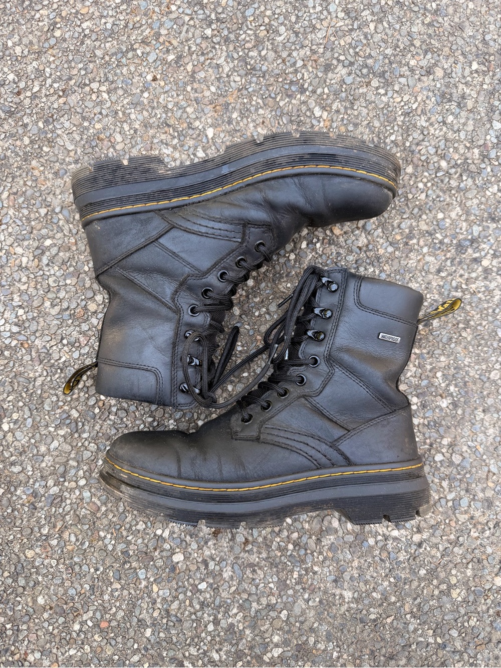 Dr. Martens Black Lace-Up Leather Combat Boots with Yellow Stitching